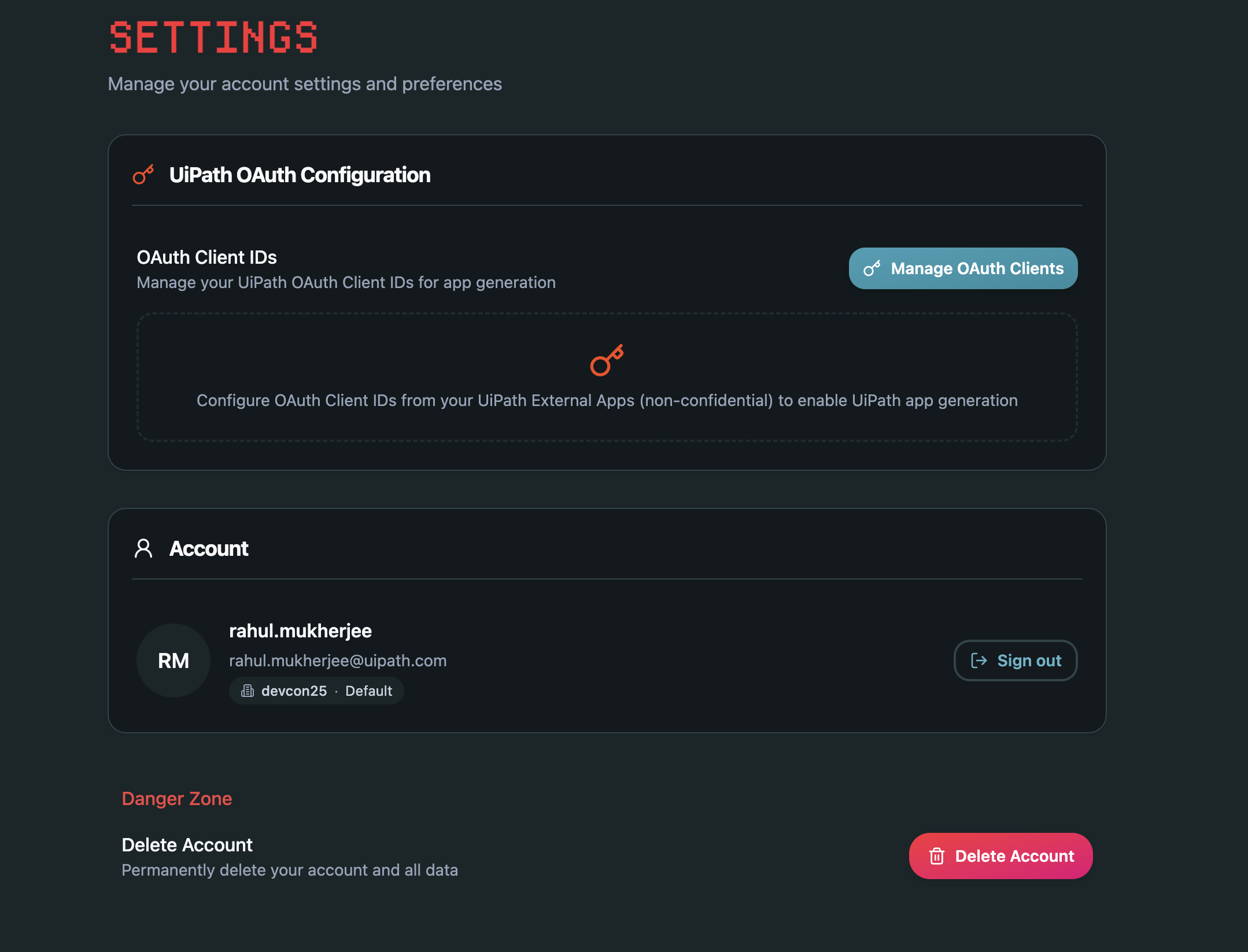 Settings page — UiPath OAuth Configuration with Manage OAuth Clients