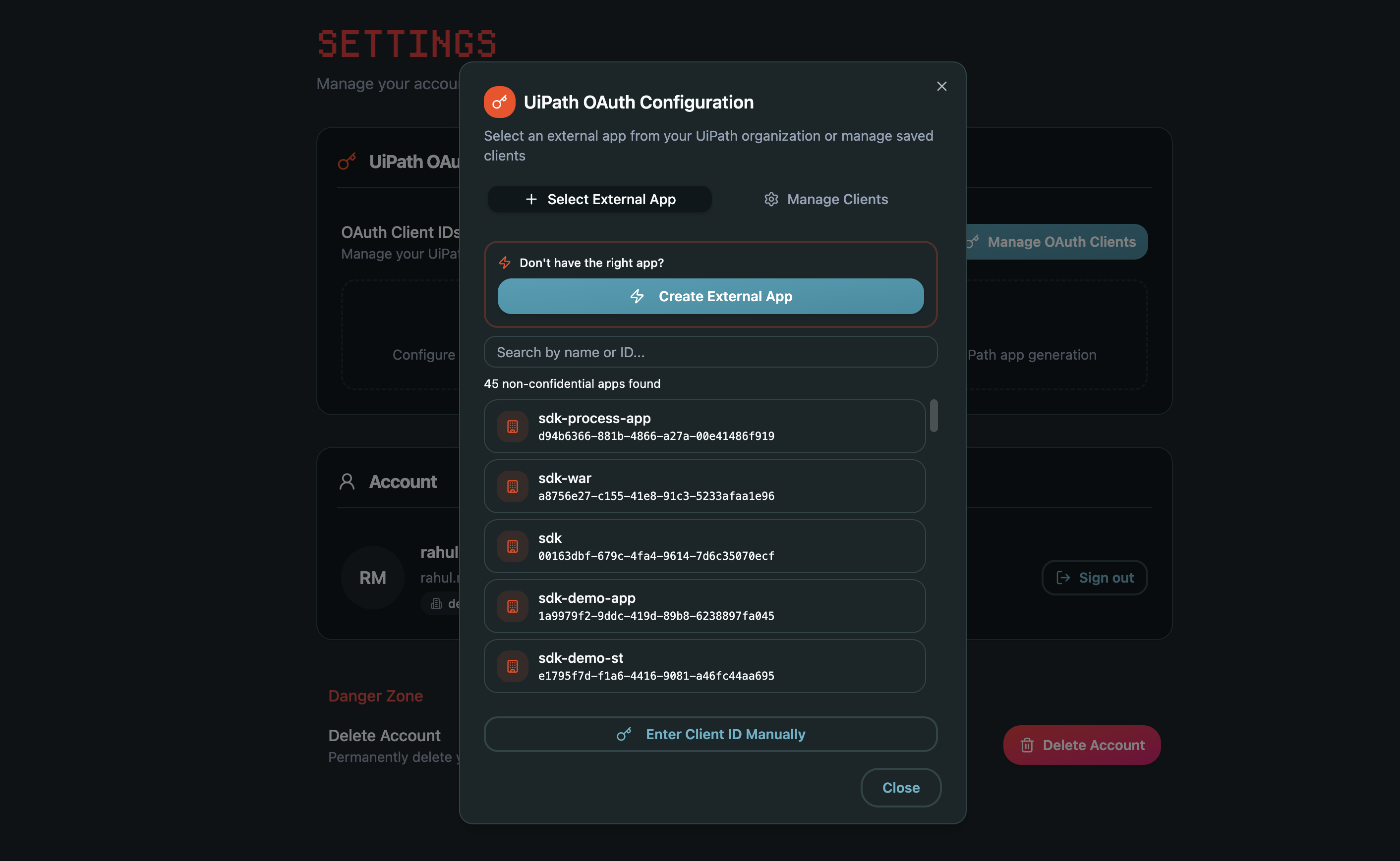 UiPath OAuth Configuration dialog — Create External App, Enter Client ID Manually, or select an existing app