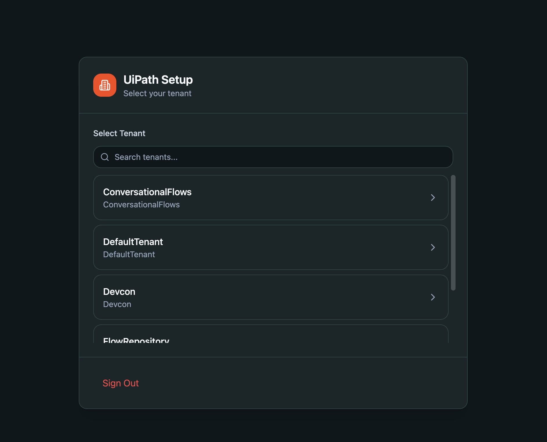 Select the tenant for your coded app